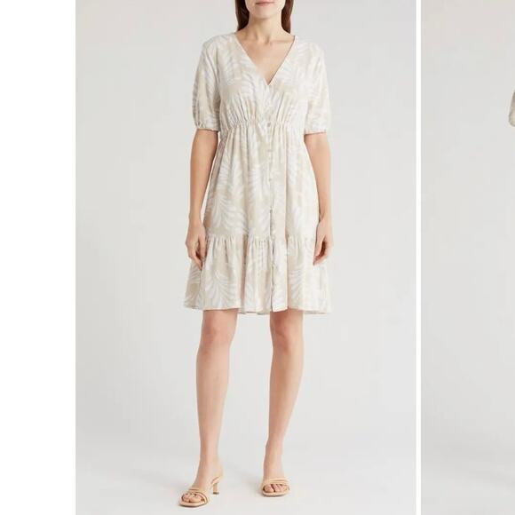 Ellen Tracy Tiered Linen Blend Dress - Linen Leaf Pattern - Picture 1 of 9